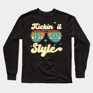 Retro Kickin It 1st Grade Style Teacher Back To School Gift For Boy Girl Kids Long Sleeve T-Shirt